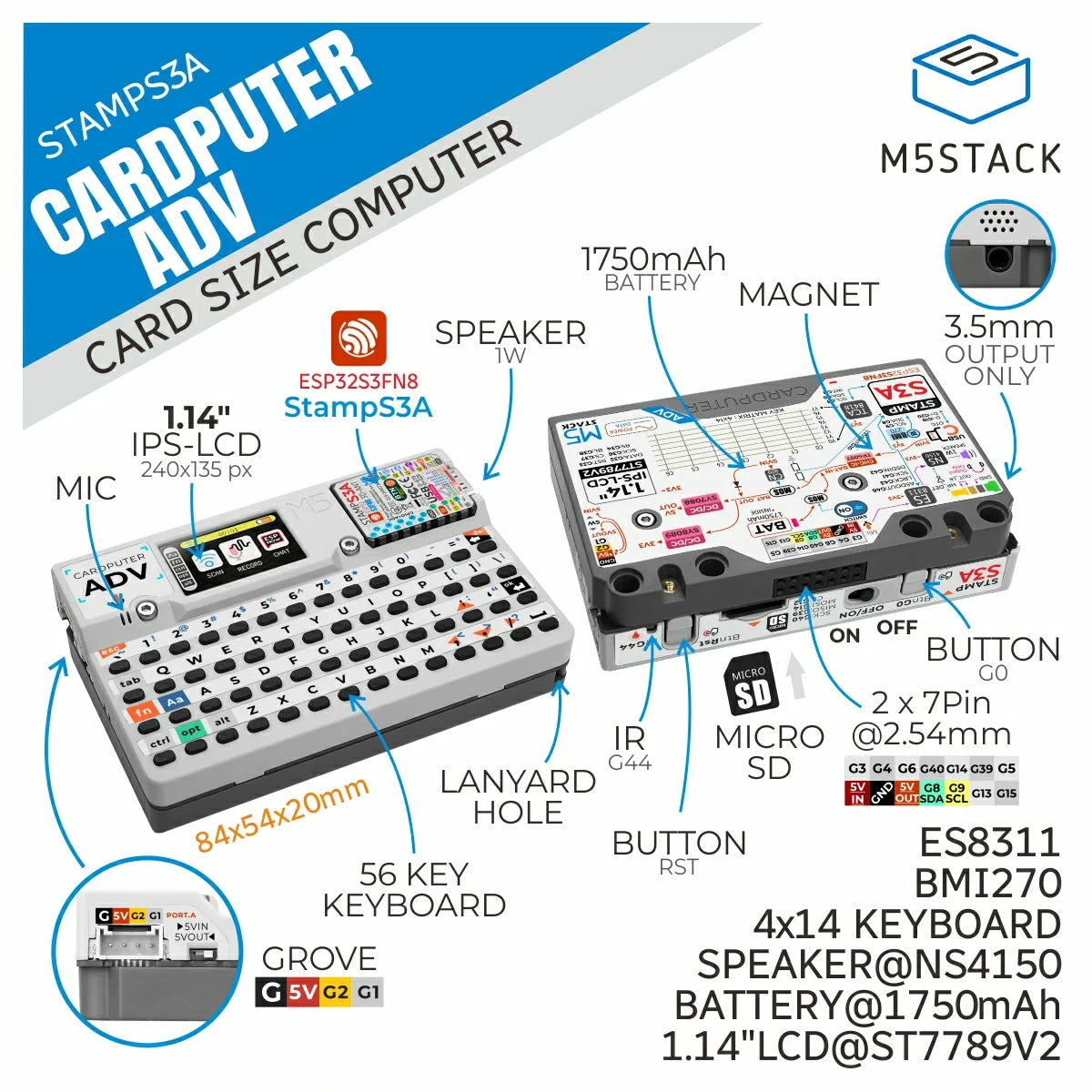 M5Stack Cardputer ADV new Version v1.1 StampS3A Development Board Portable Computer 1.14 Inch 56Key Keyboard Card Microcontrolle