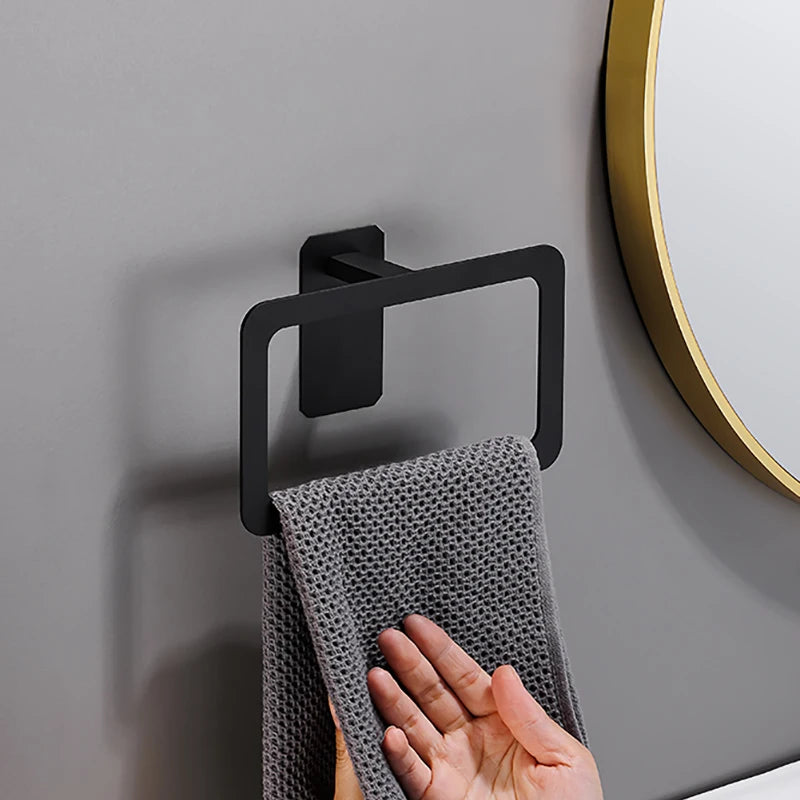 No Drilling Matte Black Bright Sliver Stainless Steel Towel Bar Towel Ring Roll Paper Holder Robe Hook Bathroom Accessories Set
