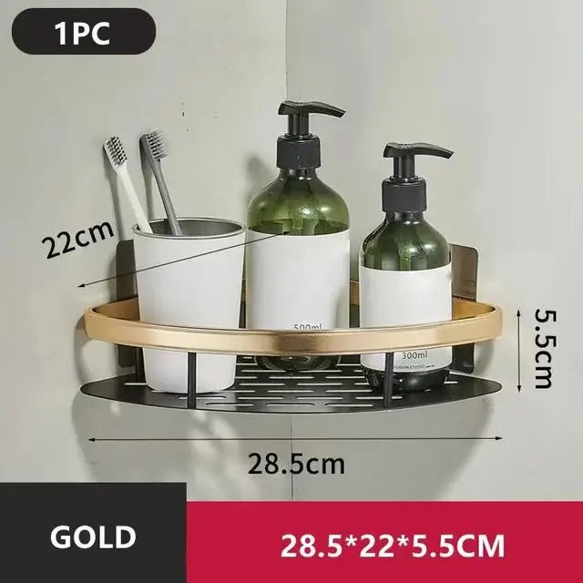 Bathroom Shelf No Drill Wall Mounted Shampoo Bottle Shower Corner Rack Toilet Storage Rack Aluminum Bathroom Kitchen Accessories golden Triangle 1pc