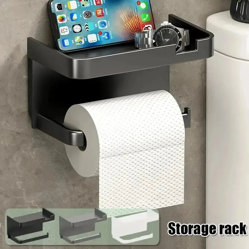 Plastic Adhesive Toilet Roll Holder with Phone Storage Shelf