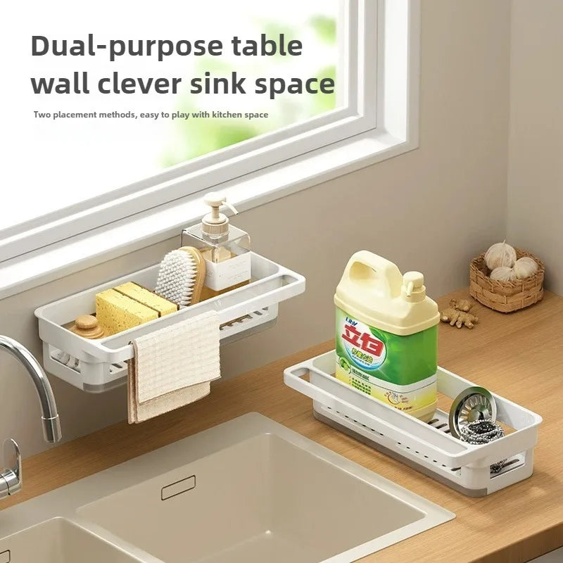 Sponge Holder for Kitchen Sink Wall Mount Sink Caddy with Drainage and Drip Tray Plastic Organizer for Countertop White