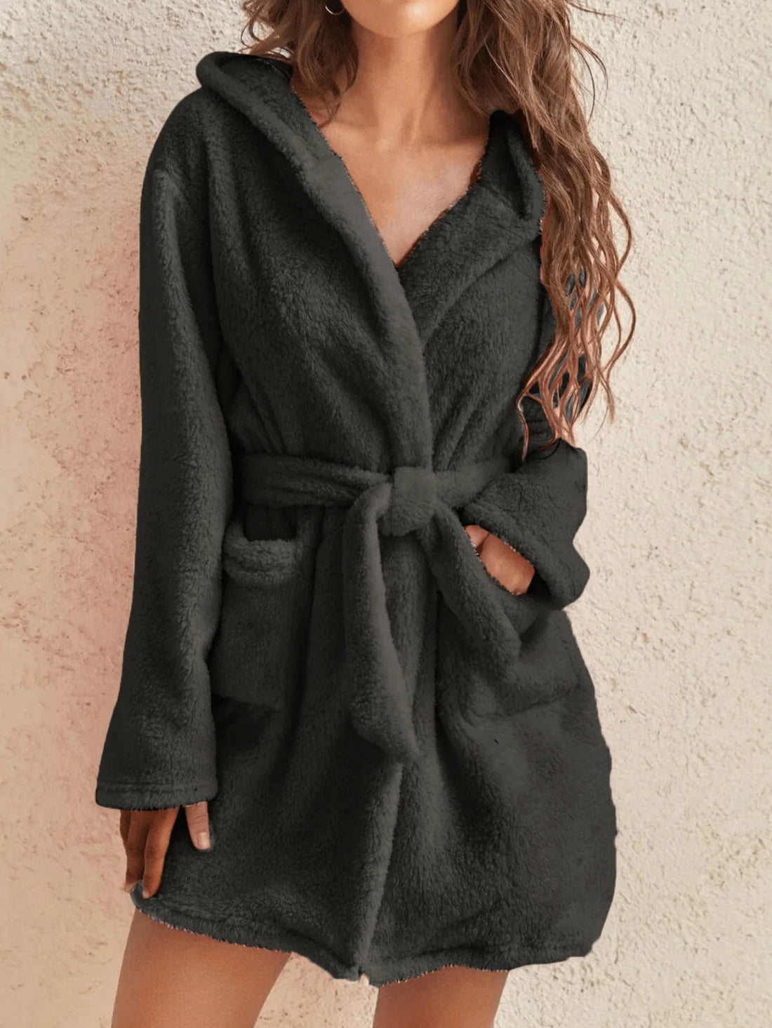 1 piece of women's solid color hooded robe with belt, cozy and warm fleece pajamas for home wear in autumn and winter. black