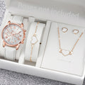 5/6PCS Fashion Women's Quartz Watch Leather Band Analog Wrist Watches Heart Rhinestone Jewelry Set(Without Box) D Without Box