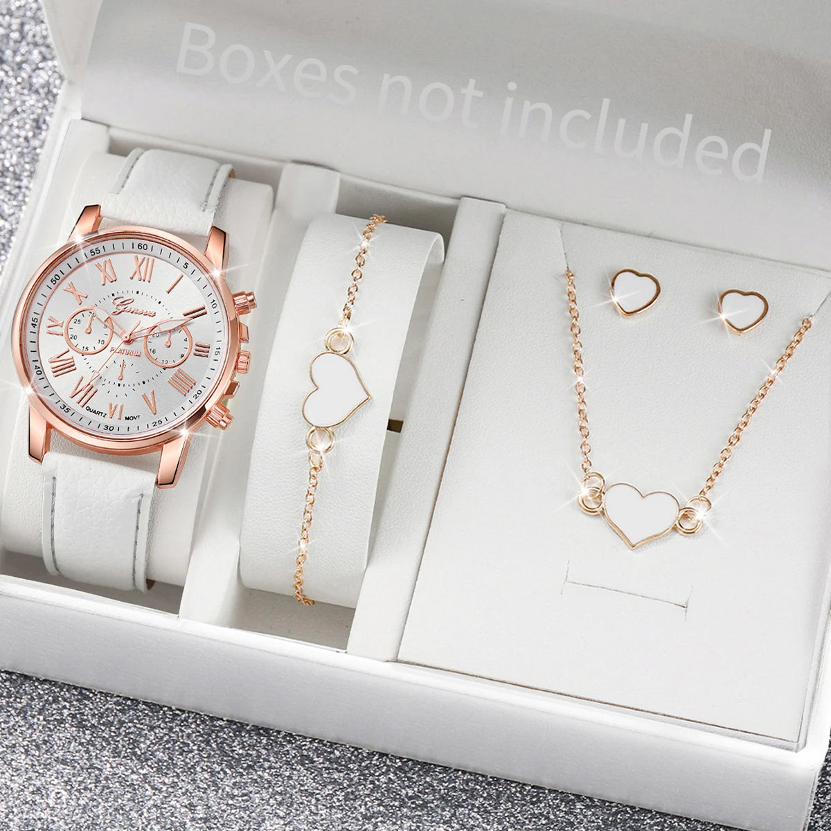 5/6PCS Fashion Women's Quartz Watch Leather Band Analog Wrist Watches Heart Rhinestone Jewelry Set(Without Box) D Without Box