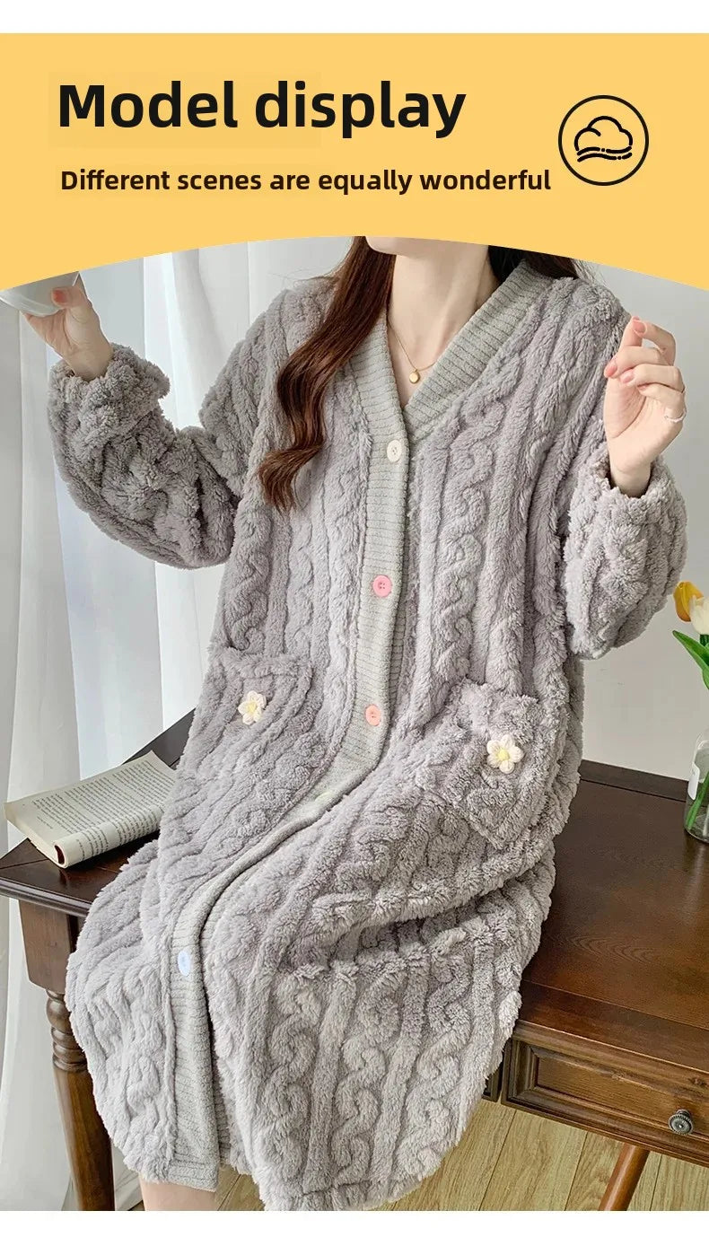 Thickened Flannel Sleepwear V-neck Home Clothes Women's Coral Fleece Robe Autumn Winter Patterned Fresh Flower Nightgown