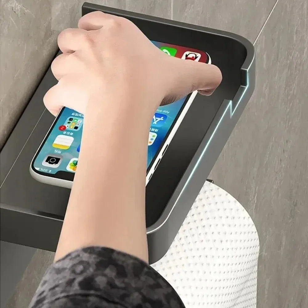 Plastic Adhesive Toilet Roll Holder with Phone Storage Shelf