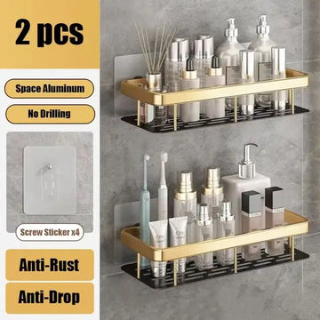 Bathroom Shelf No Drill Wall Mounted Shampoo Bottle Shower Corner Rack Toilet Storage Rack Aluminum Bathroom Kitchen Accessories golden 2pcs