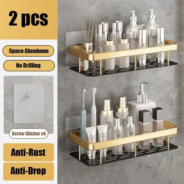 Bathroom Shelf No Drill Wall Mounted Shampoo Bottle Shower Corner Rack Toilet Storage Rack Aluminum Bathroom Kitchen Accessories golden 2pcs
