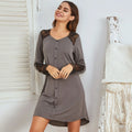 Women's Long-Sleeve Nightgown for Autumn & Winter Pullover Version Lace Panel Craft Fake Placket Decoration Loungewear