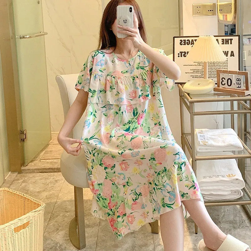 Sexy Nightwear Women Icy Floral Pattern Women Pajamas Dress Butterfly Print Student Sleepwear O- Neck Lace Mid-Length Nightgown