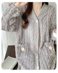Thickened Flannel Sleepwear V-neck Home Clothes Women's Coral Fleece Robe Autumn Winter Patterned Fresh Flower Nightgown