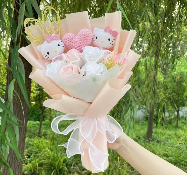 Cartoon Vinyl Doll Hello Kitty Kulomi Melody With Artificial Flower Creative Bouquet Christmas Valentine Birthday Gifts 16