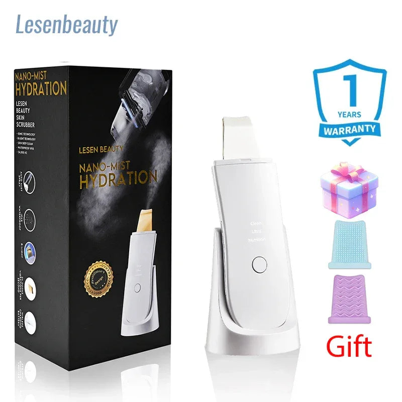 Ultrasonic Face Scrubber Facial Peeling Skin Scrubber Deep Facial Cleaning Spatula Acne Pore Ultrasonic Scrubber Facial Cleanser White Silver head