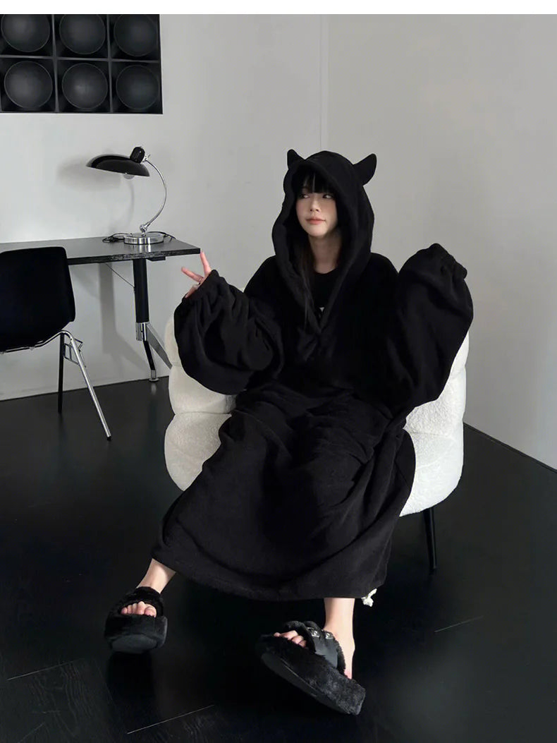 Ins Winter Thiened Coral Fce Pajamas Women's Spwear Hooded Fluffy Warm Nightgown Robe Long Sve Mid-Length Home Clo...