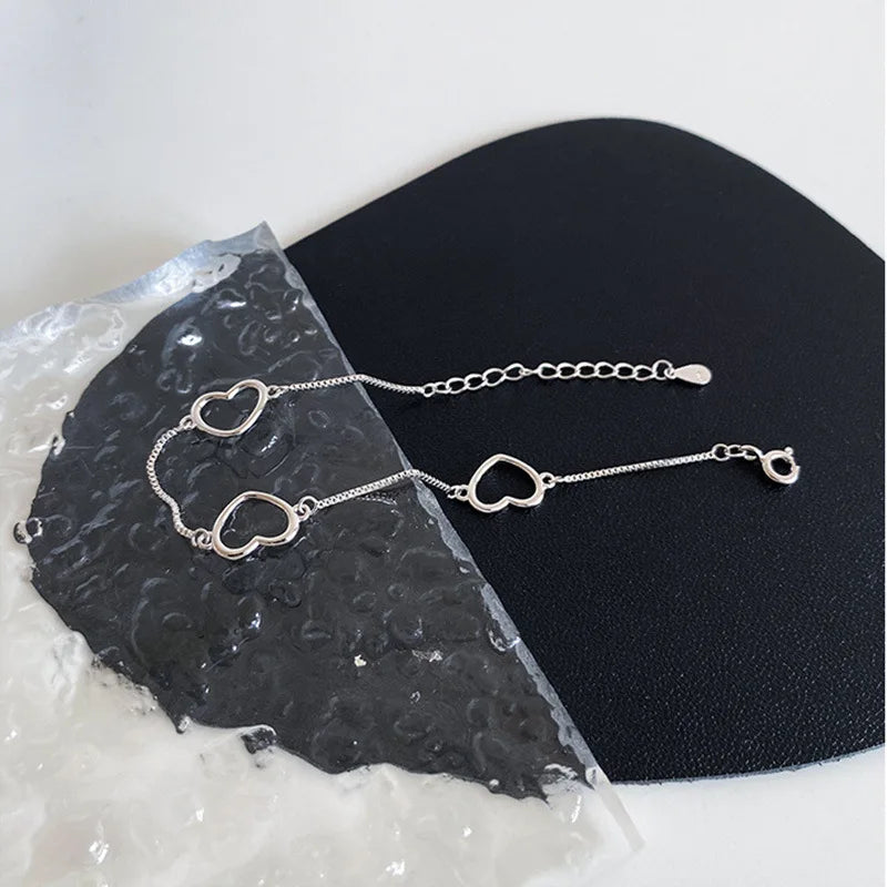 VENTFILLE 925 Sterling Silver Double Love Heart Hollow Round Beads Bracelet Female Fashion Romantic Jewelry Classic Adjustable 7751-C