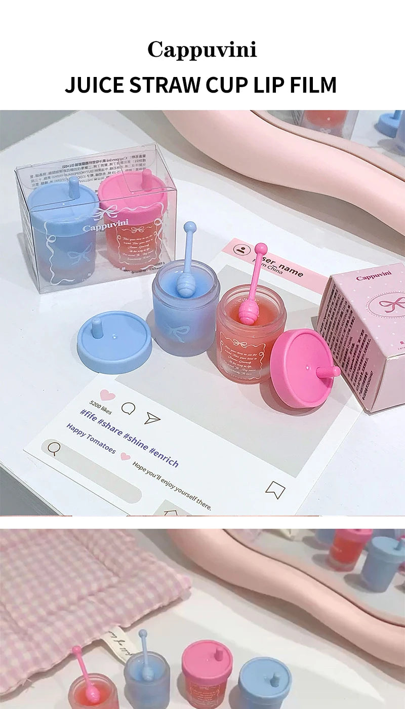 Cappuvini Juice Straw Cup Lip Mask Fruit-Flavored Lip Care Moisturizing for Day and Night in Autumn and Winter Prevents Chapped Lips Long-Lasting Moisturizing Improves Lip Lines Deeply Moisturizing Care High-Quality Lip Balm