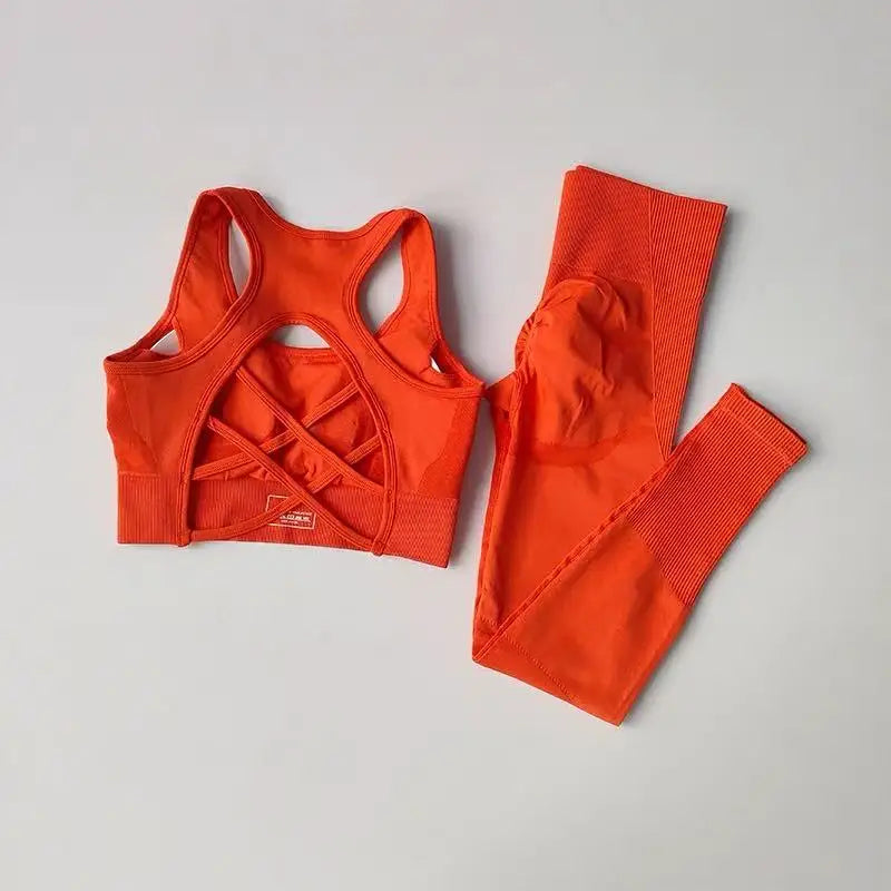 2PCS Sports Bra Women's Set Professional Fitness Tank Top Bra Shockproof Running Leggings Yoga Suit Beautiful Back Bra Clothing Orange red China Mainland