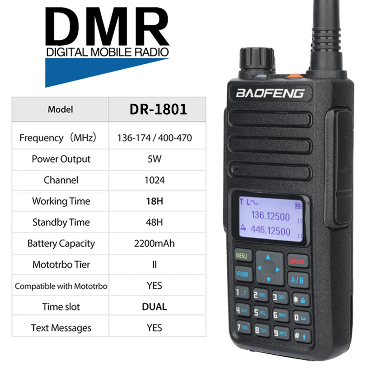 Baofeng DR 1801 Dual Band DMR Walkie Talkie Digital Two-Way Radio - Dicrodelights