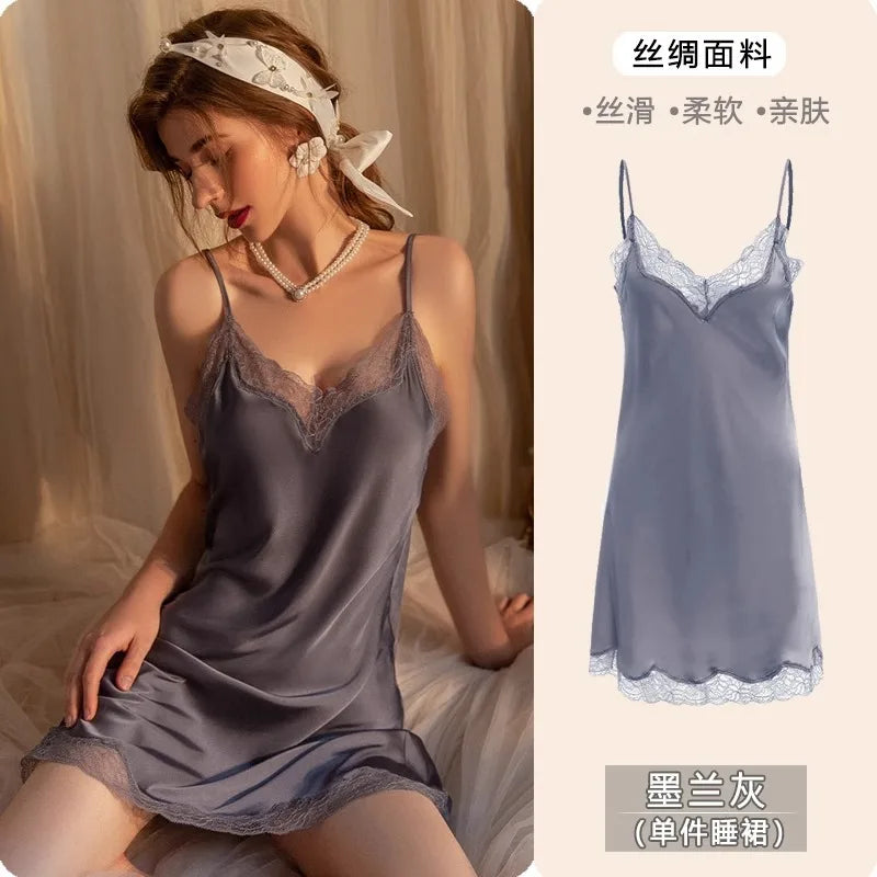 2025 Women's Lace Chemise Nightdress with Chest Pads, Ice Silk Suspender Nightgown for Autumn Winter Moran Grey 1