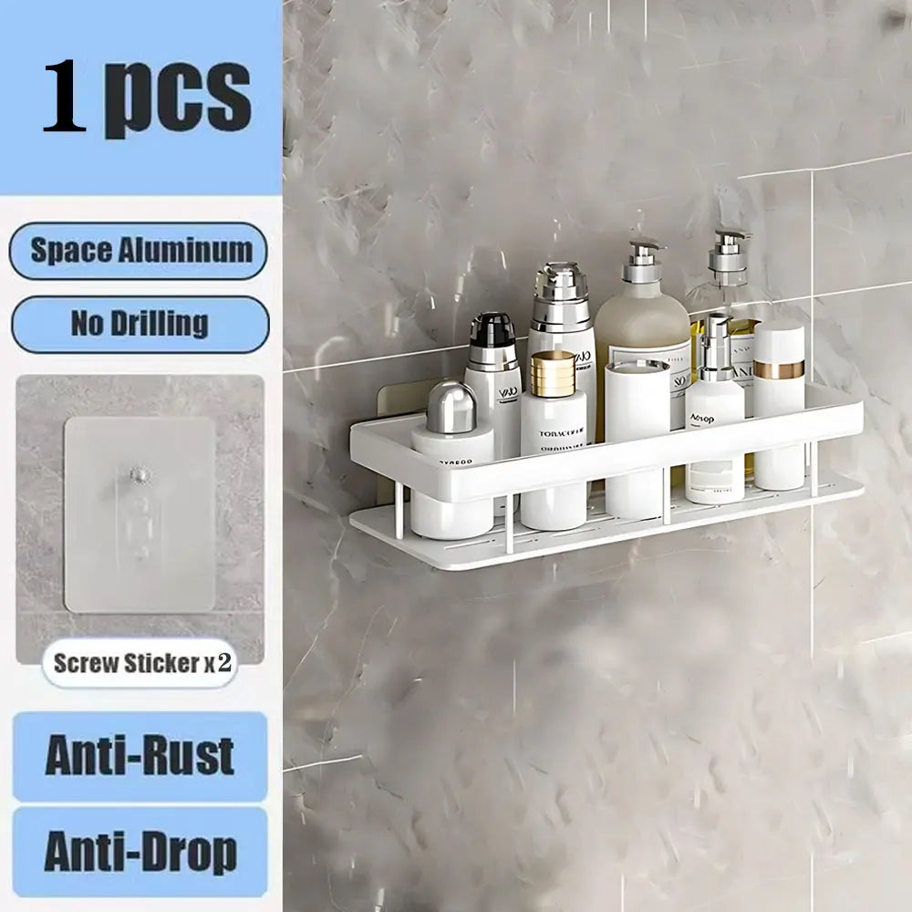 Bathroom Shelf No Drill Wall Mounted Shampoo Bottle Shower Corner Rack Toilet Storage Rack Aluminum Bathroom Kitchen Accessories white 1pc