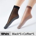 1/10Pairs Womens Anti-Slip Cotton Sock Thin Socks Casual Non-Slip Bottom Splice Spring-Autumn Transparent Ladies Breathable Sock 5Black 5Coffee One Size