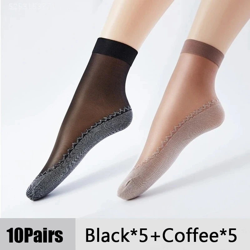 1/10Pairs Womens Anti-Slip Cotton Sock Thin Socks Casual Non-Slip Bottom Splice Spring-Autumn Transparent Ladies Breathable Sock 5Black 5Coffee One Size