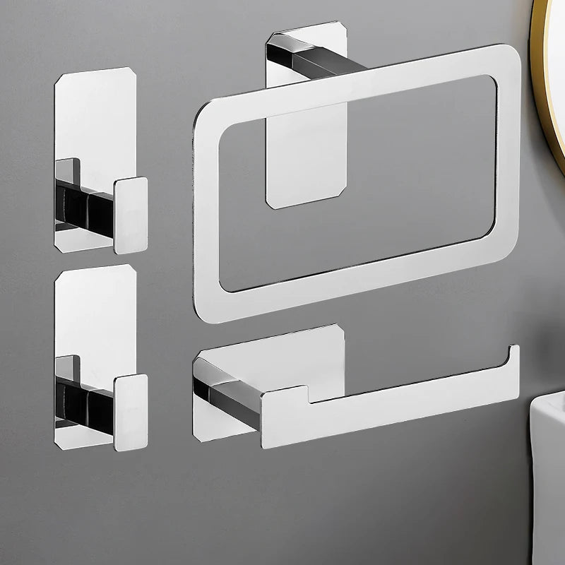 No Drilling Matte Black Bright Sliver Stainless Steel Towel Bar Towel Ring Roll Paper Holder Robe Hook Bathroom Accessories Set Sliver 4pcs Set C