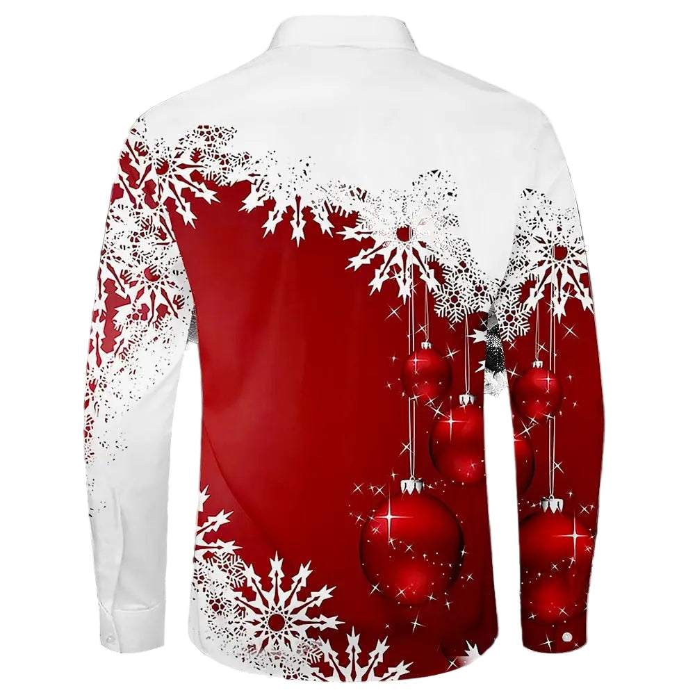 Men’s Christmas casual flannel shirt with long sleeves, turn-down collar, button-front design, festive printed pattern, and comfortable outdoor fit.