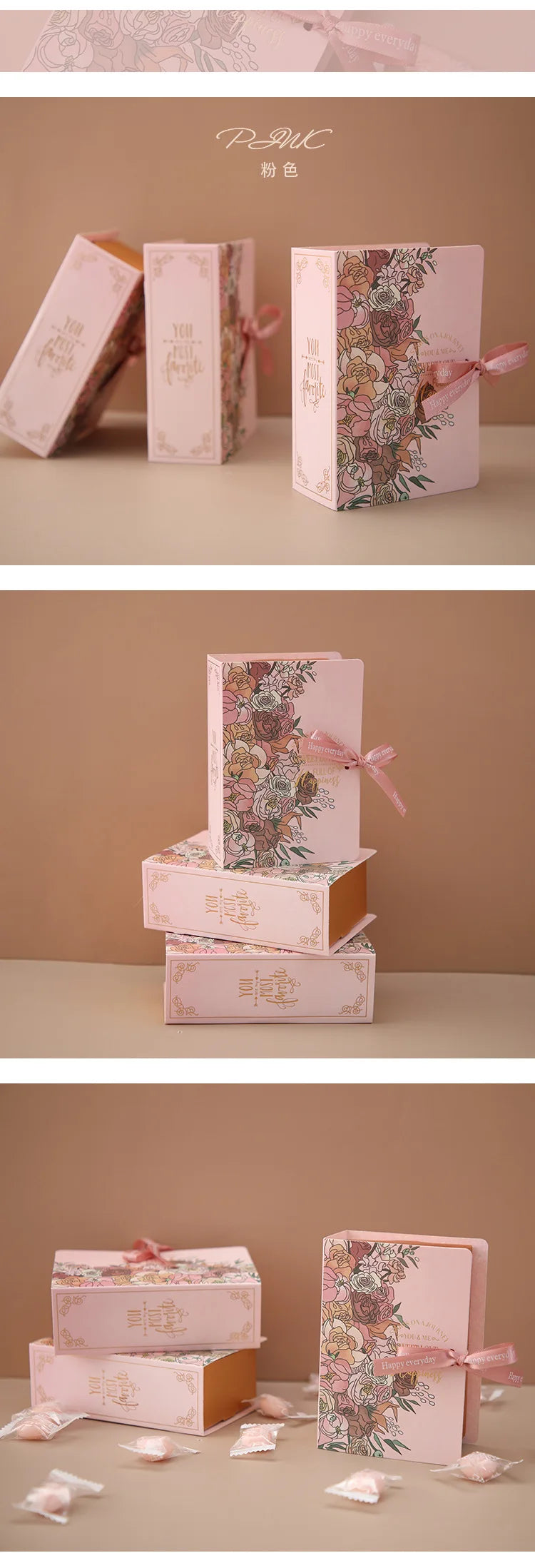 5pcs Book Shape Gift Box ith Ribbon Paperboard Candy Chocolate Present Packaging Box for Wedding Birthday Mother's Day
