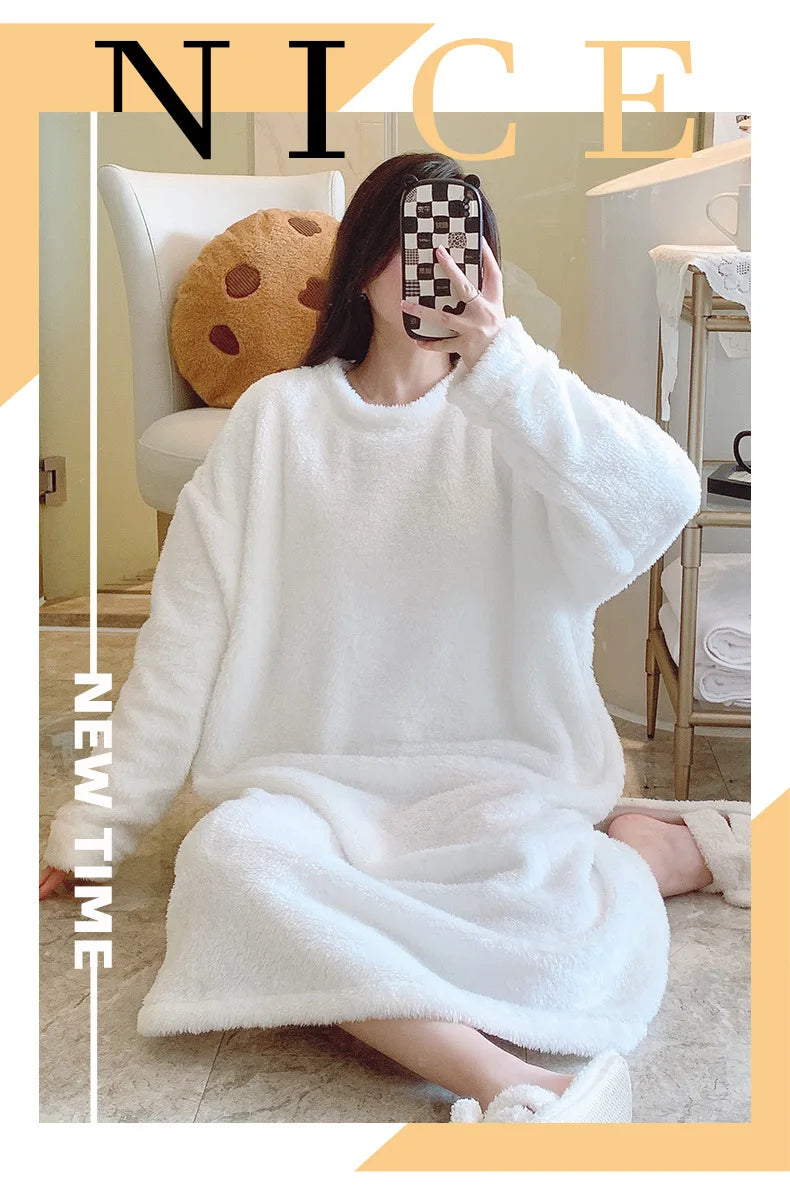 Warm Fleece Nightgown Women's Loose Comfortable Home Clothes plus Size Solid Color Simple Design Sleepwear Casual Outerwear