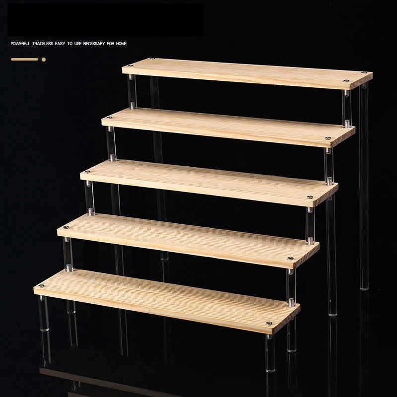 Tiered Display Stand for Figures with Clear or Wood Effect Shelves
