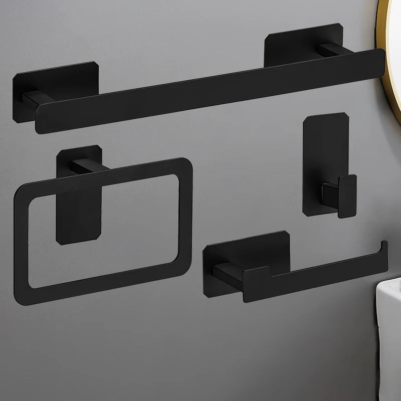 No Drilling Matte Black Bright Sliver Stainless Steel Towel Bar Towel Ring Roll Paper Holder Robe Hook Bathroom Accessories Set Black 4pcs Set A