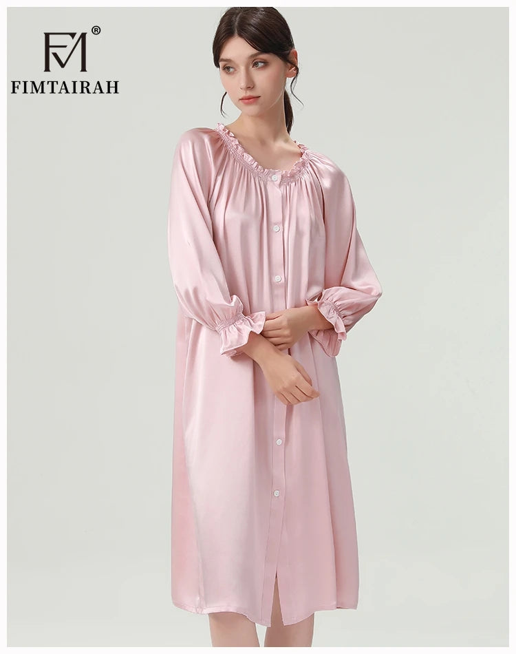 FIMTAIRAH 6A 22MM 100% Silk Nightdress Real Silk Nightgown Women long plus large size Sleepwear Pajamas robe