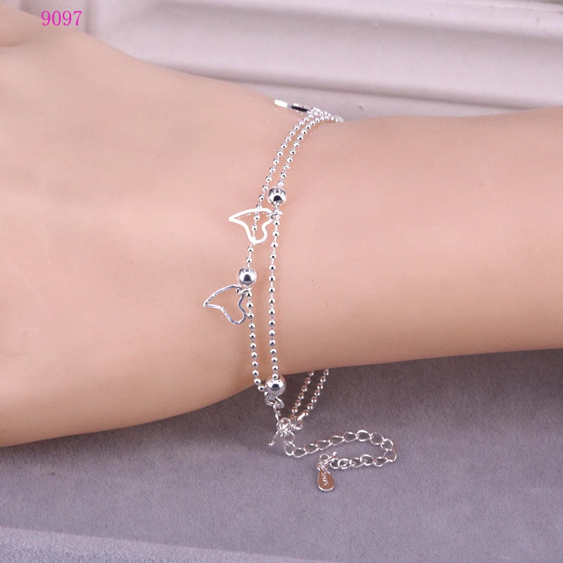 VENTFILLE 925 Sterling Silver Double Love Heart Hollow Round Beads Bracelet Female Fashion Romantic Jewelry Classic Adjustable