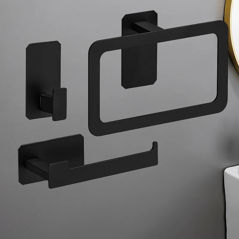 No Drilling Matte Black Bright Sliver Stainless Steel Towel Bar Towel Ring Roll Paper Holder Robe Hook Bathroom Accessories Set Black 3pcs Set
