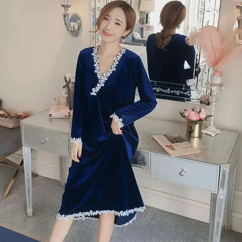 Plus Size 5XL Sleep Dress Women Winter Long Sleeve Sexy Luxury Velvet Spring Autumn Winter Style Korean Version Velvet Nightgown 6151 navy blue
