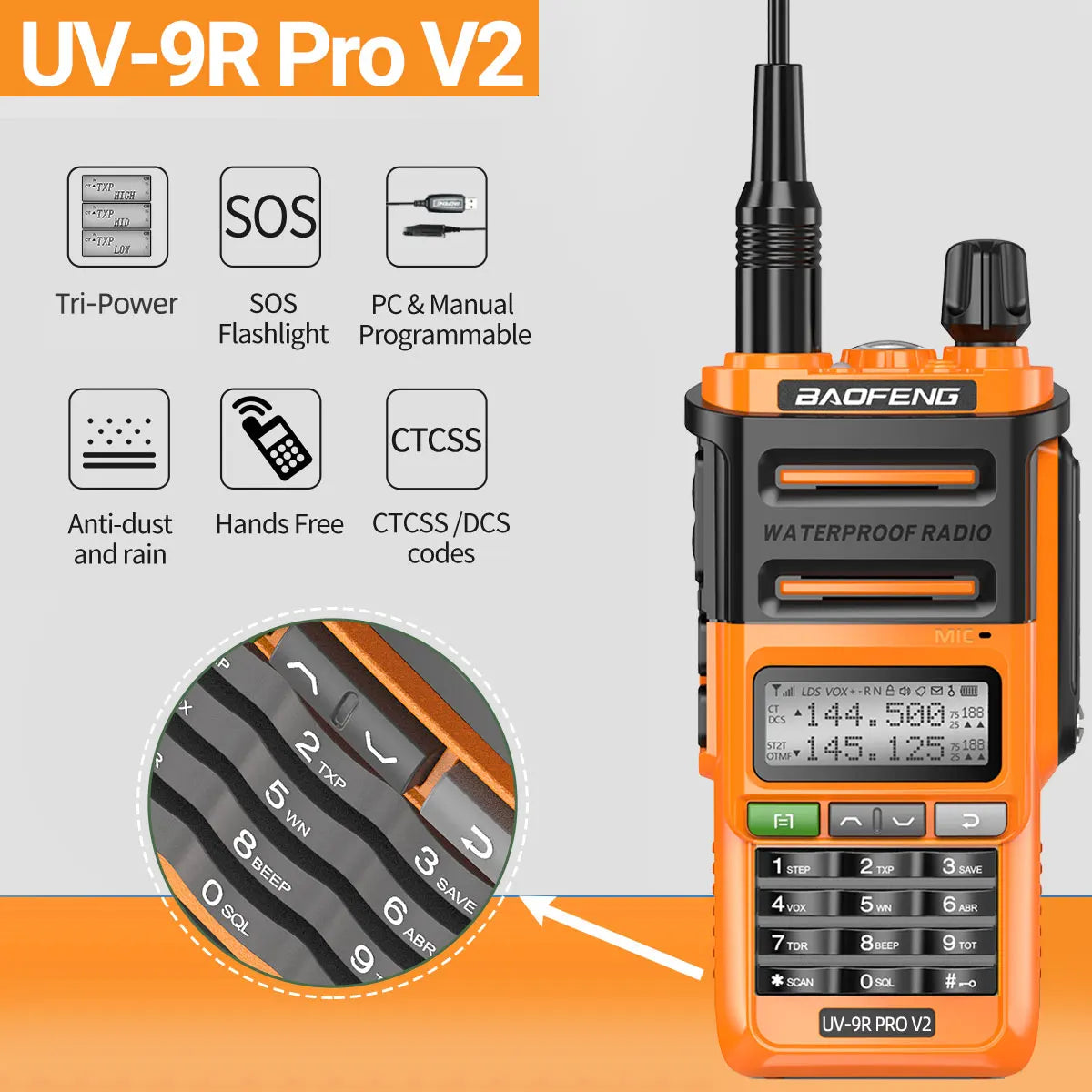 Baofeng UV 9R Pro V2 IP68 Waterproof Walkie Talkie Tri-Power Type-C Charger Dual Band Ham CB Radio Two Way Radio of UV 9R Plus