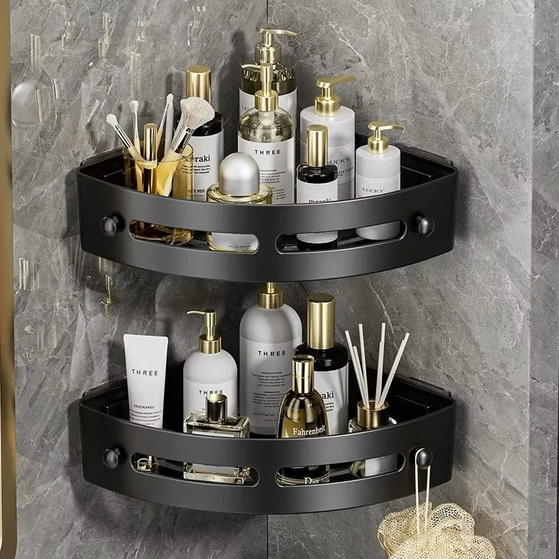Black Adhesive Corner Shower Caddy with Drainage and Hooks