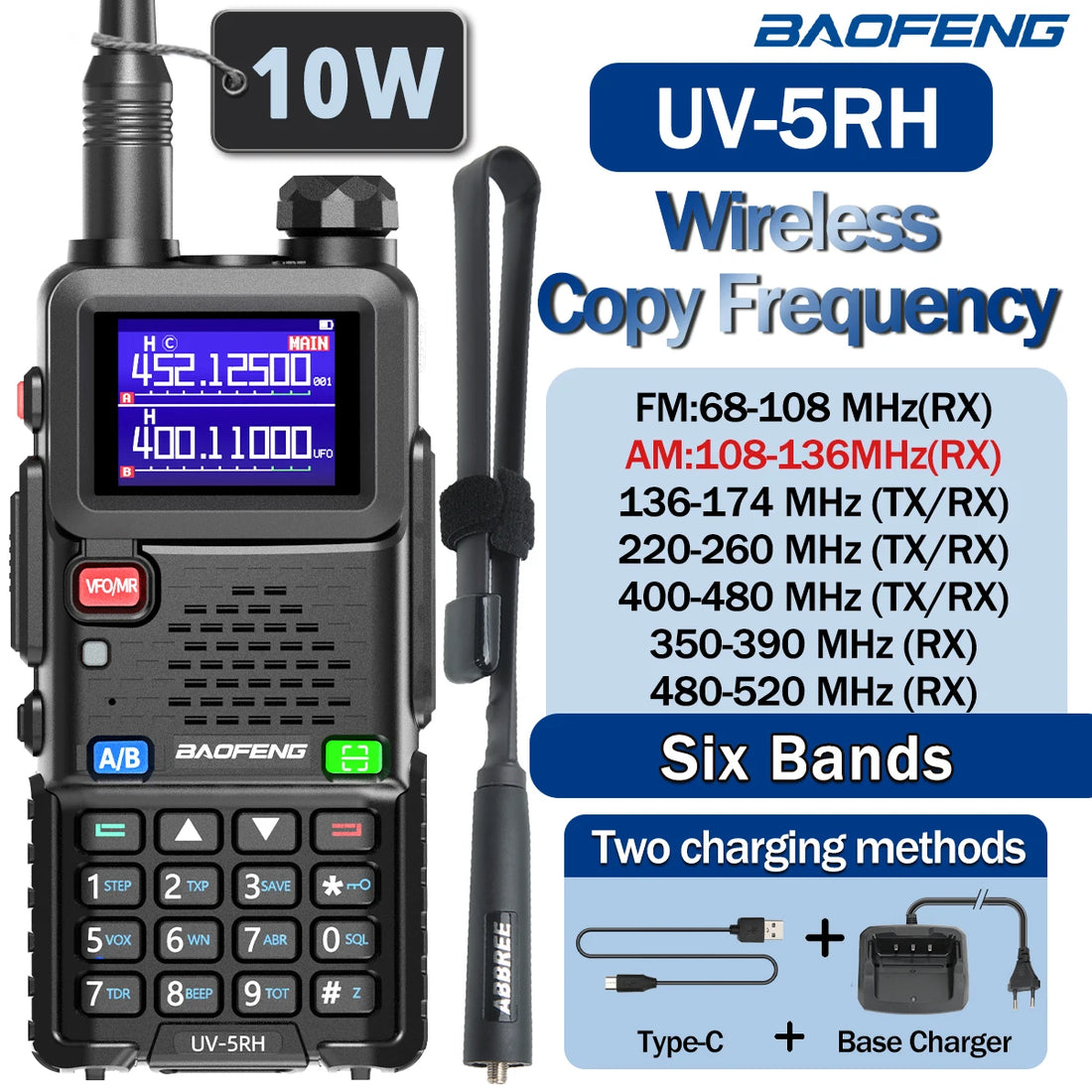 Baofeng UV-5RH 10W Walkie Talkie Long Range Ham Radio Type-C Charging Air Band Two-Way Wireless Transceiver - Dicrodelights
