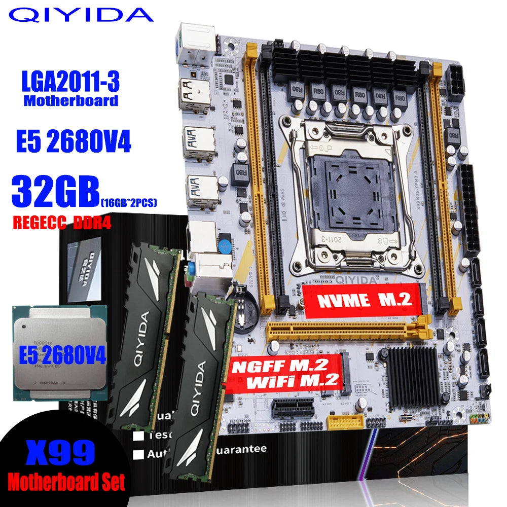 QIYIDA X99 Motherboard Kit – LGA 2011-3, Xeon E5-2680V4 CPU, 32GB DDR4 ECC RAM, M.2 NVMe Support - Dicrodelights
