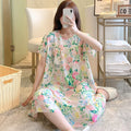 Sexy Nightwear Women Icy Floral Pattern Women Pajamas Dress Butterfly Print Student Sleepwear O- Neck Lace Mid-Length Nightgown Green Average(45-72.5kg)