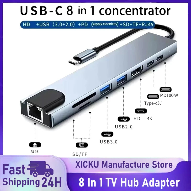 USB 8 In 1 Type C 3 1 To 4k HdTV Hub Adapter With Sd Tf Rj45 Card Reader Pd Fast Charge For Macbook Notebook Computer