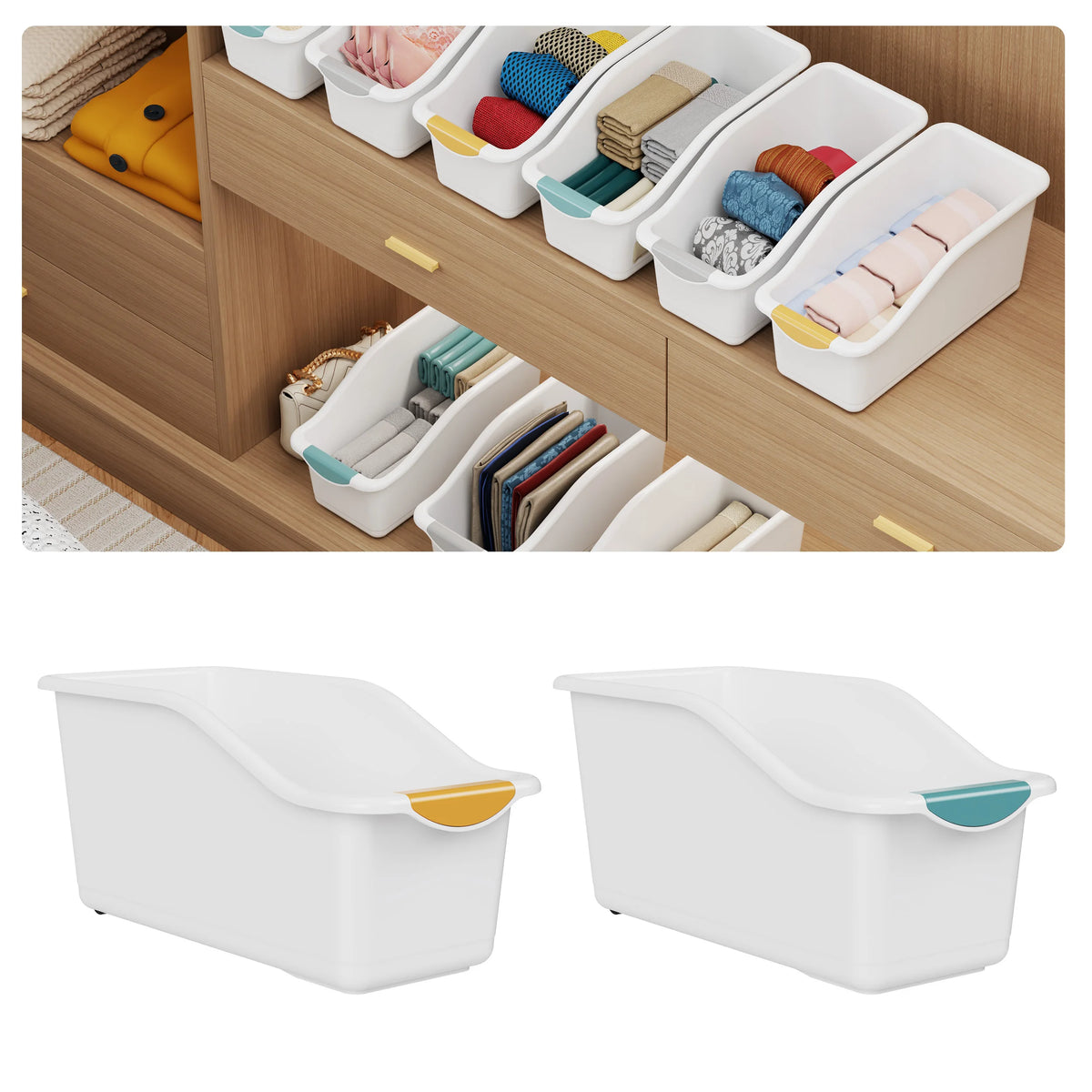 2pcs Curved Design Storage Boxes - Heavy-Duty Plastic Organizer, White Space-Saving Container for Under Sink, Pantry & Cabinet Green Orange