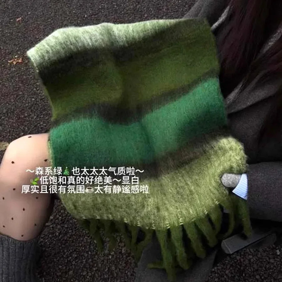 Women's Cashmere Winter Scarf – Thick Knitted Warm Shawl Large version mohair [Mori Green]]