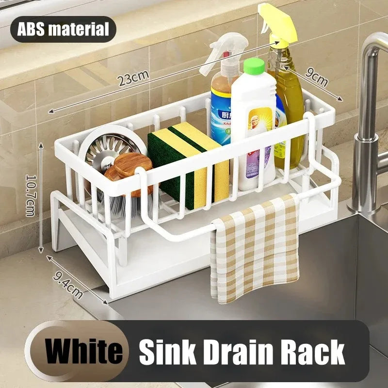 No-Punch ABS Kitchen Sink Shelf with Hooks Multifunctional Faucet Drainage Rack Adhesive Tap Organizer for Spice & Rag Storage ﻿ White-A