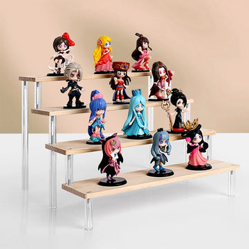 Tiered Display Stand for Figures with Clear or Wood Effect Shelves