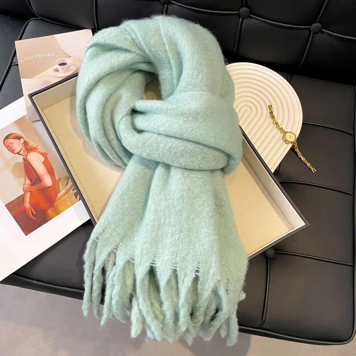 Women's Cashmere Winter Scarf – Thick Knitted Warm Shawl Large version mohair [blue and green]]