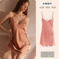 2025 Women's Lace Chemise Nightdress with Chest Pads, Ice Silk Suspender Nightgown for Autumn Winter Soft pink 1