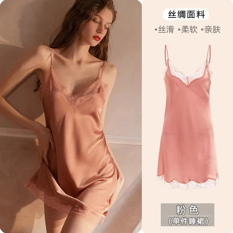 2025 Women's Lace Chemise Nightdress with Chest Pads, Ice Silk Suspender Nightgown for Autumn Winter Soft pink 1