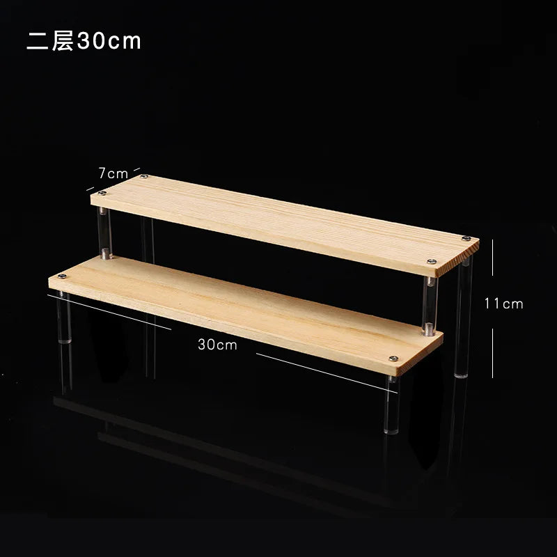 Tiered Display Stand for Figures with Clear or Wood Effect Shelves 2 tier 30x7cm